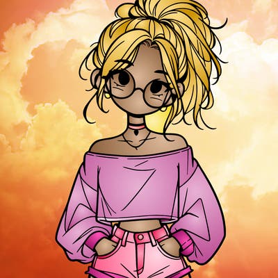 girl with a messy ponytail glasses a baggy crop top and jean shorts