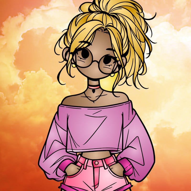 girl with a messy ponytail glasses a baggy crop top and jean shorts