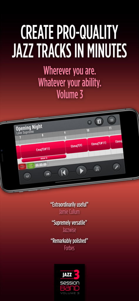 SessionBand Jazz 3 - Mobile app interface of SessionBand Jazz 3 showing the jazz track builder with chord blocks