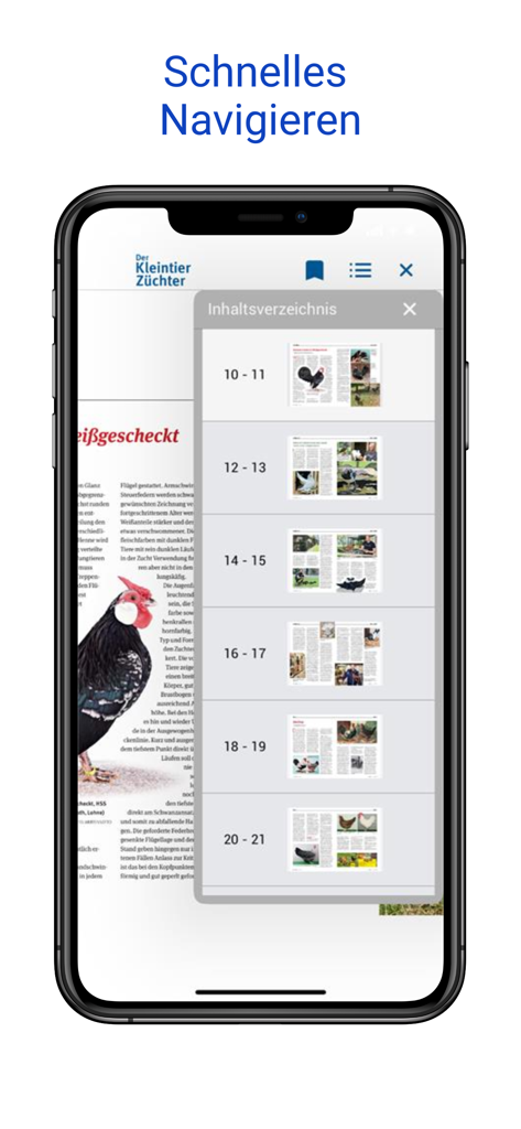 Inhaltsverzeichnis in der Der Kleintierzüchter App mit Artikeln über Geflügelzucht und Rassehühner.