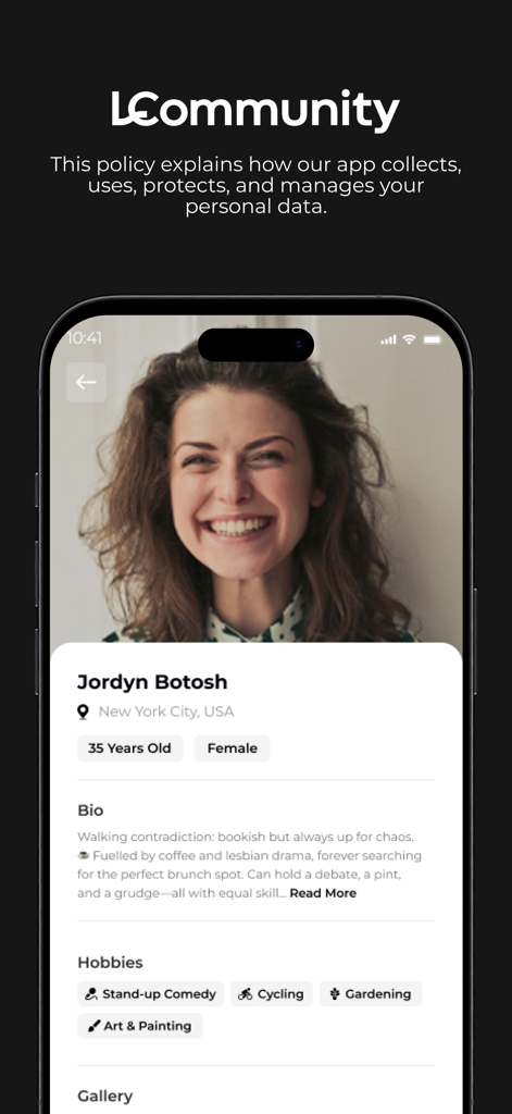 L Community - User profile interface on the L Community app showcasing biography and hobbies