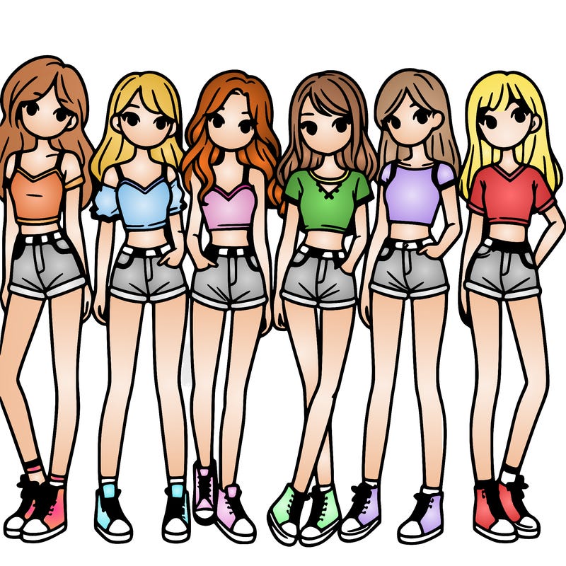 a group of girls wearing crop tops and shorts