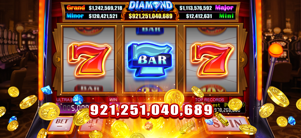 A classic slot machine interface showing a massive coin win with lucky seven symbols and flying gold coins