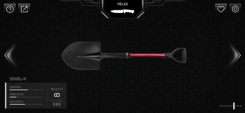 A digital tactical shovel melee weapon interface with stats in the Real Gun mobile app