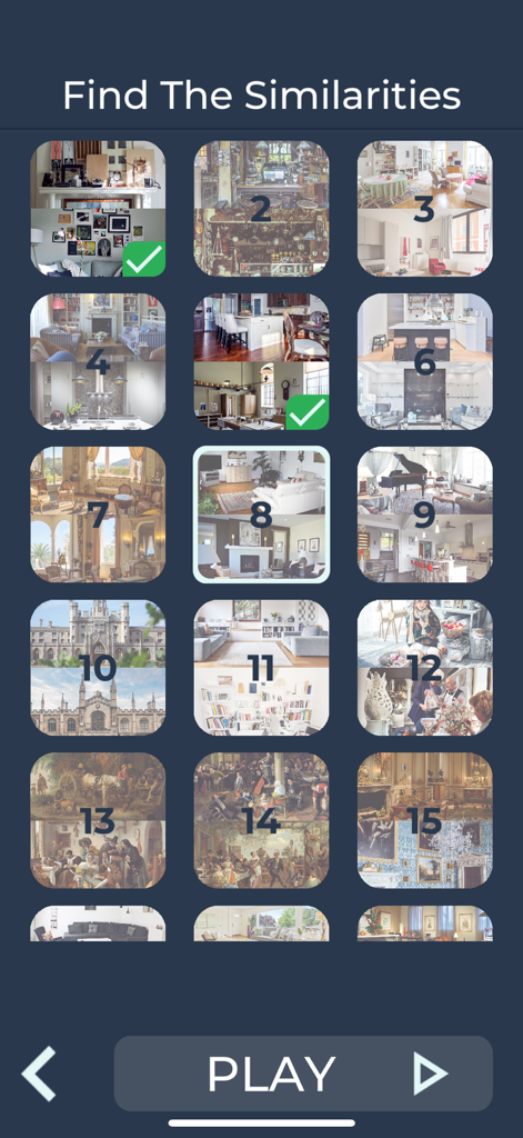 Level selection menu in the Find The Similarities game showing a grid of interior and travel themed puzzle levels.