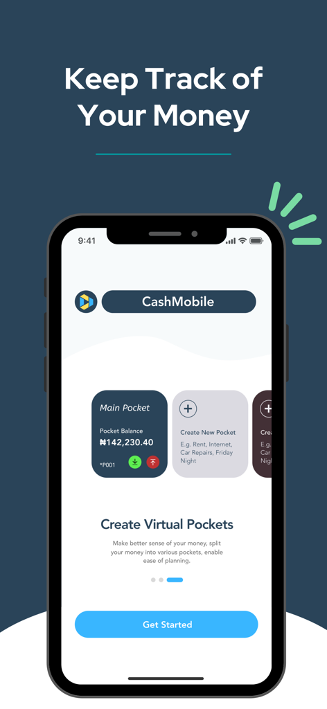 CashMobile app interface showing how to create virtual pockets to keep track of money and manage balances.