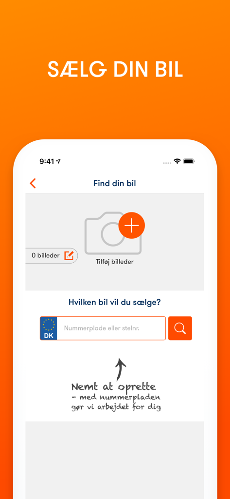 Bilbasen app interface for listing a car for sale showing photo upload and license plate input