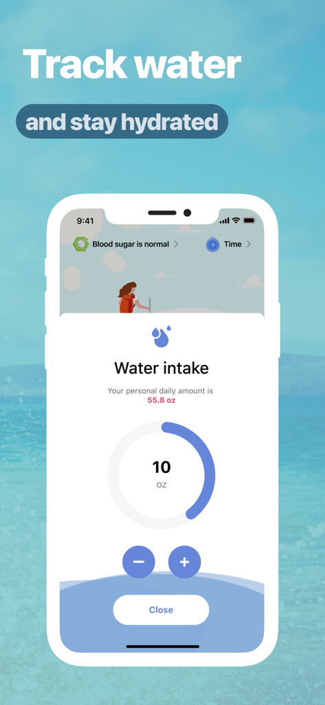 Water tracker screen in the Prime Intermittent Fasting app showing daily hydration goals and progress.