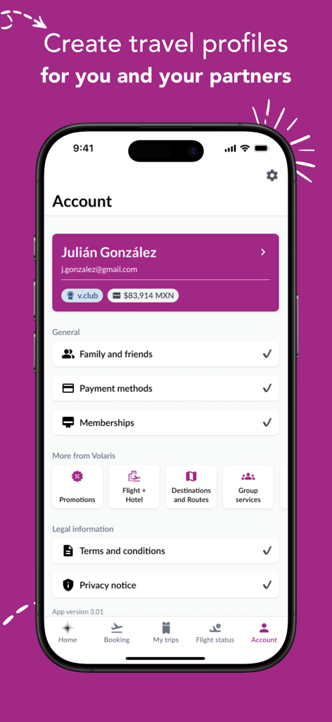 Tela de conta do aplicativo Volaris para gerenciar perfis de viagem para família e amigos