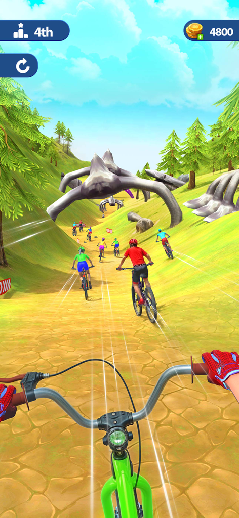 Bicycle Games - BMX Bike Race - Vista en primera persona de una bicicleta BMX compitiendo cuesta abajo por un sendero forestal con otros ciclistas