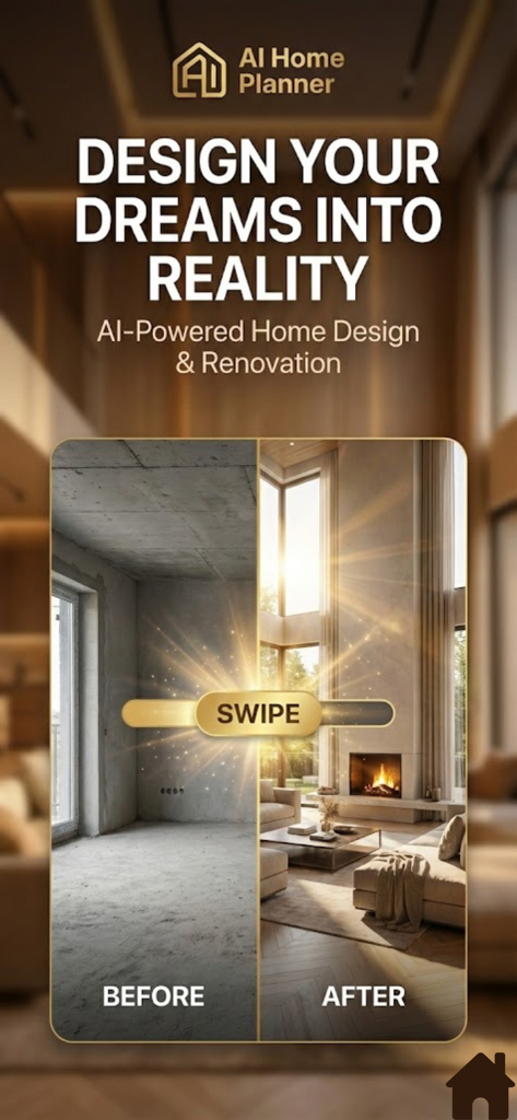 Room Planner AI Home Design - AI home design app interface showing a before and after comparison of a room renovation with a swipe slider
