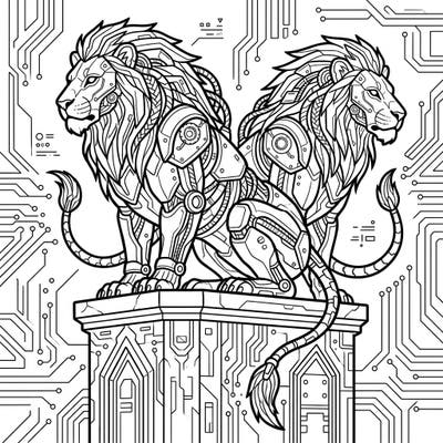 Dive into a thrilling blend of ancient mythology and futuristic technology with our Cyberpunk Lion Gargoyles coloring page. These magnificent beasts, adorned with intricate robotic enhancements, offer a unique and engaging artistic challenge for all skill levels.