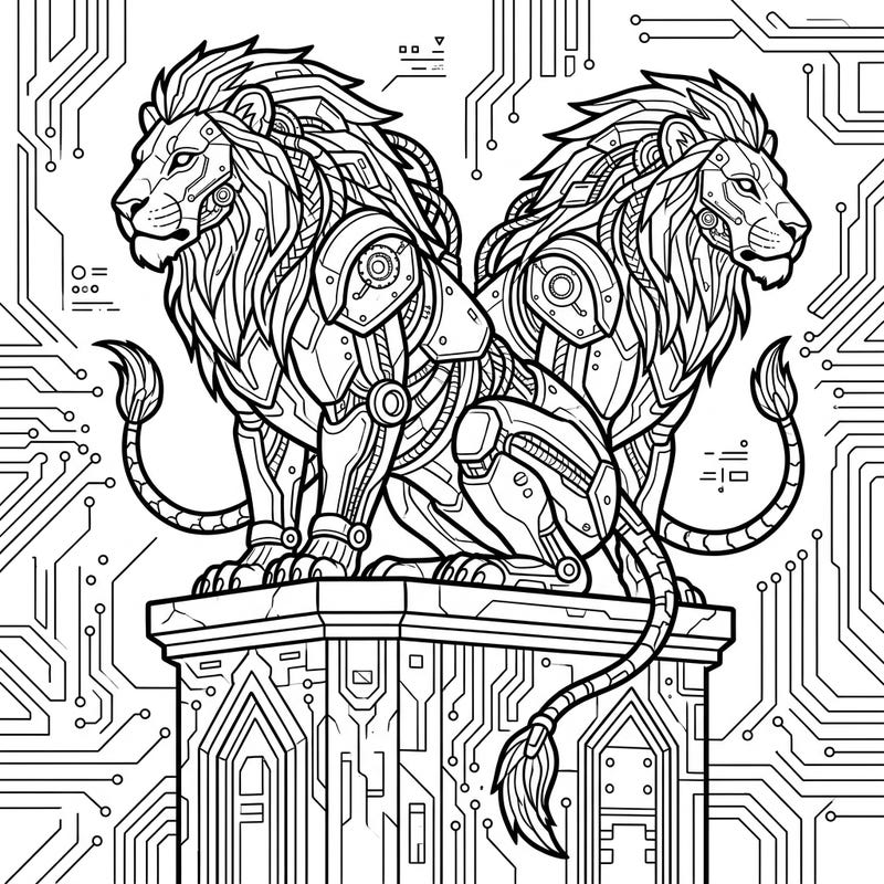 Dive into a thrilling blend of ancient mythology and futuristic technology with our Cyberpunk Lion Gargoyles coloring page. These magnificent beasts, adorned with intricate robotic enhancements, offer a unique and engaging artistic challenge for all skill levels.