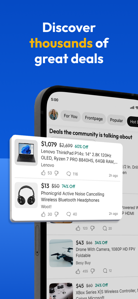 Slickdeals: Deals & Discounts - Aplicación móvil Slickdeals mostrando ofertas votadas por la comunidad en portátiles y auriculares.