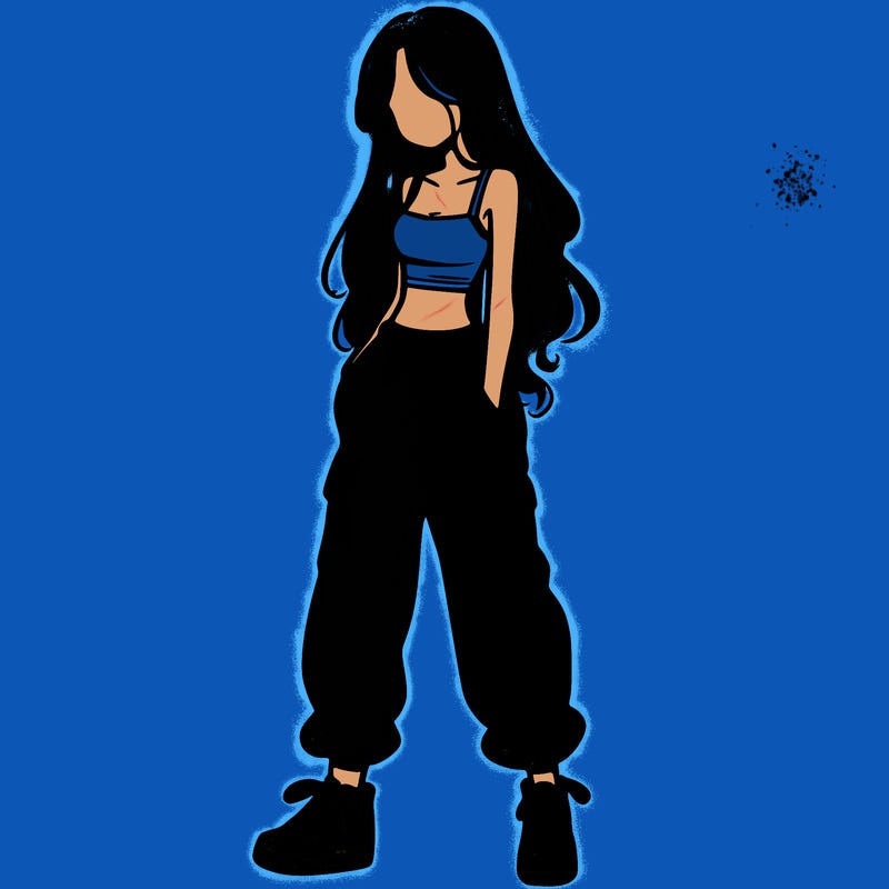 girl in baggy pants crop top and long hair