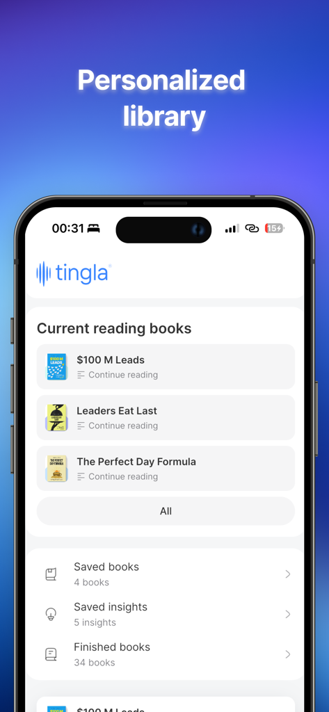Interfaz de biblioteca personalizada de la aplicación Tingla que muestra el progreso de lectura y los resúmenes de libros guardados