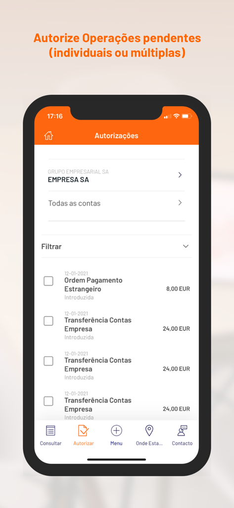 Interface do aplicativo móvel BPI Empresas mostrando a tela para autorização de operações pendentes de serviços bancários corporativos