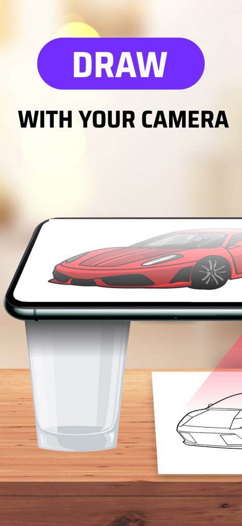 Smartphone camera projecting a car image onto paper for AR tracing