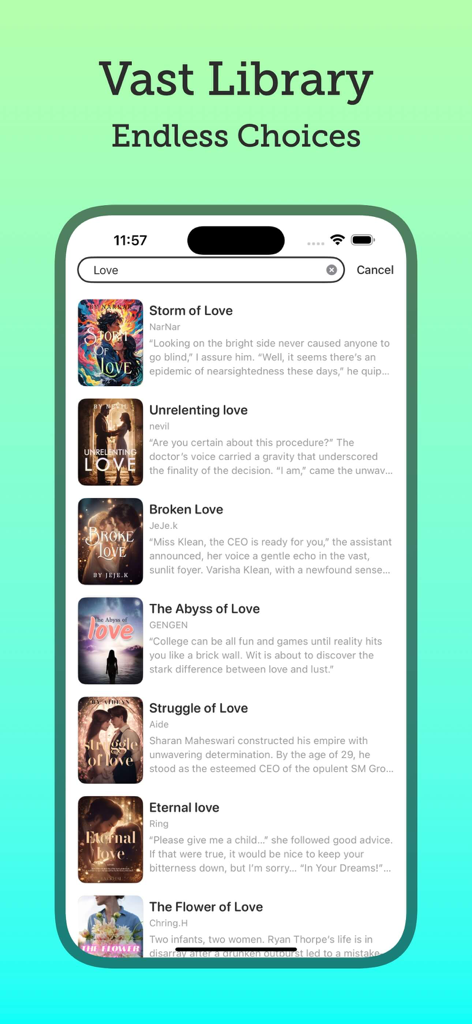 Stars Novel - Curated Stories - Stars Novel app search results screen showing a library of romance books