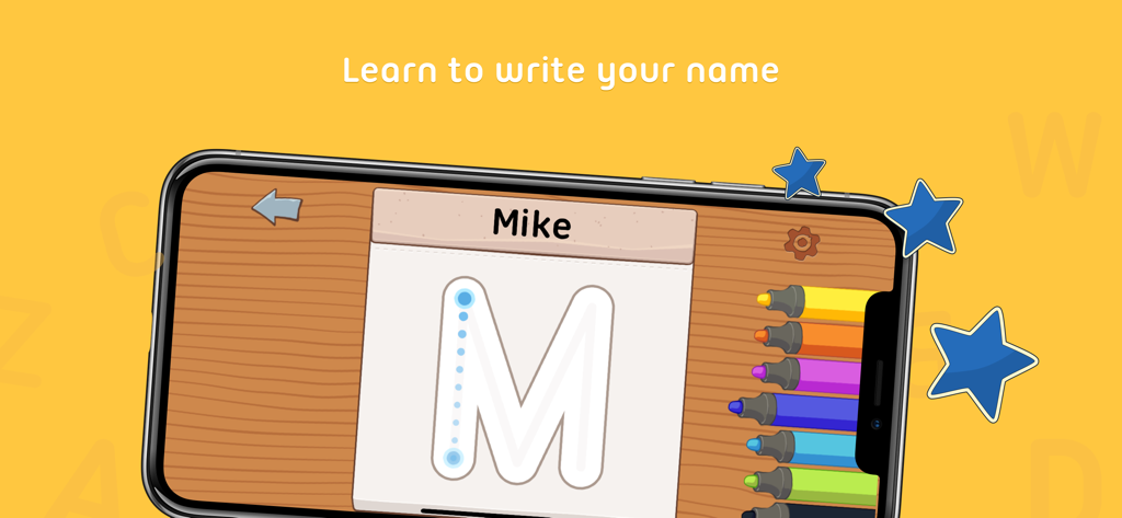 iTrace (handwriting for kids) - A smartphone showing the iTrace app with a child tracing the letter M to learn how to write the name Mike