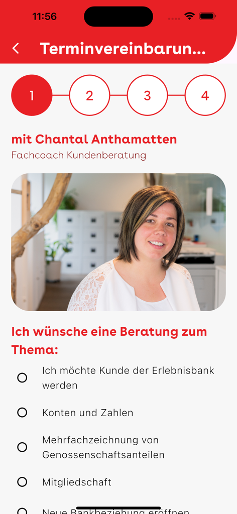 Terminbuchungsbildschirm in der Erlebnisbank-App mit Foto eines Beraters und Menü zur Themenauswahl