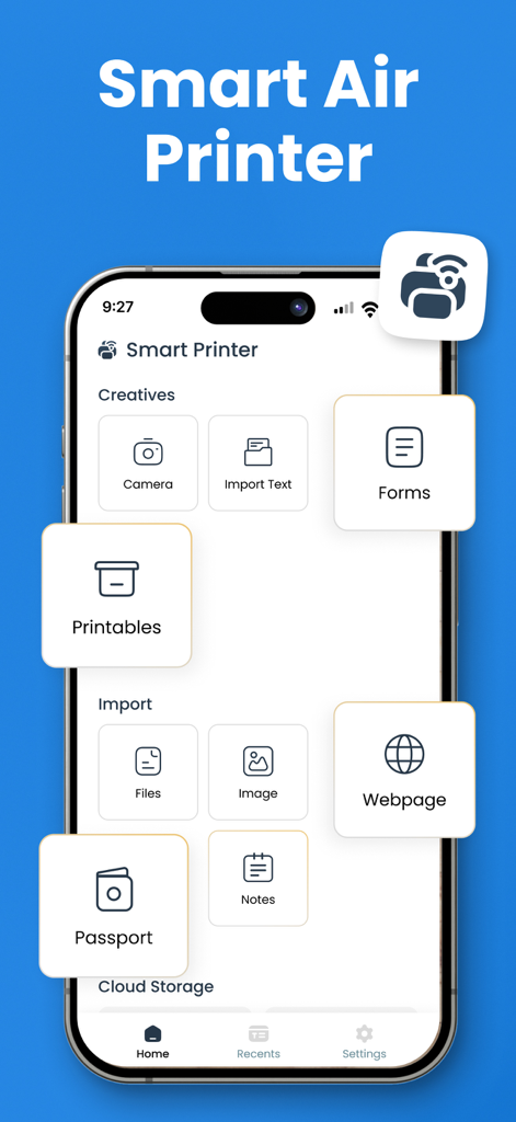Smart Printer app home screen featuring options to print documents images forms and web pages