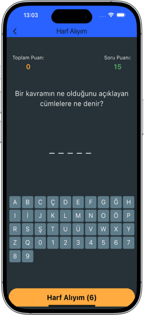 AGS Oyun Akademi Giriş Sınavı - Interfaz del rompecabezas de palabras de la aplicación de preparación de exámenes AGS con una pregunta de vocabulario turco