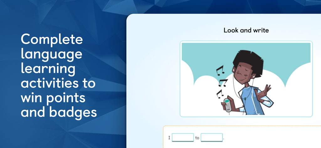 Language learning activity in the Navio educational app showing a look and write task.