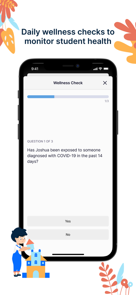 A wellness check screen in the Playground app for monitoring student health including COVID-19 screening questions
