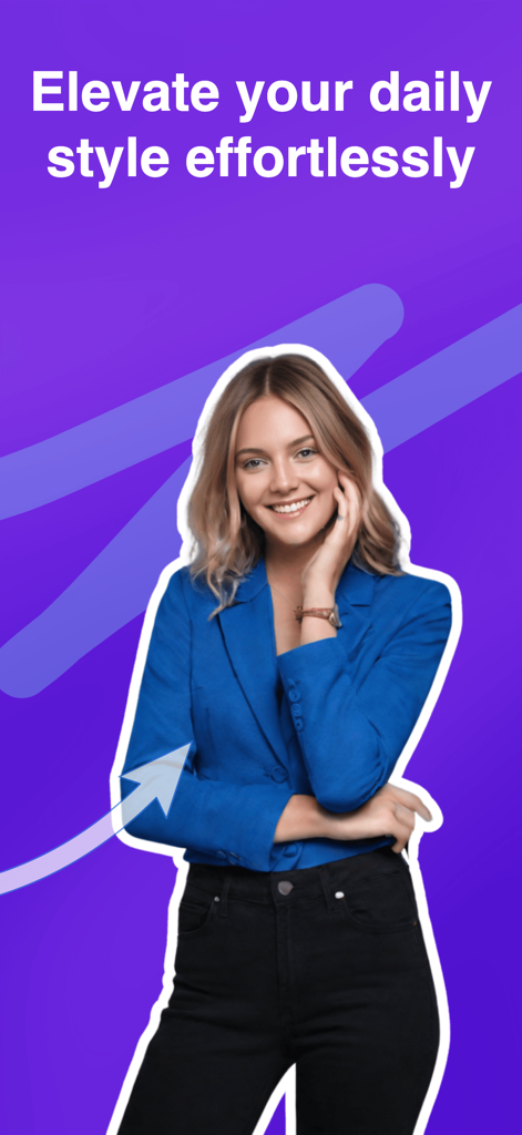Uma mulher em um blazer azul elegante e calças pretas em um fundo roxo com o texto Elevate seu estilo diário sem esforço