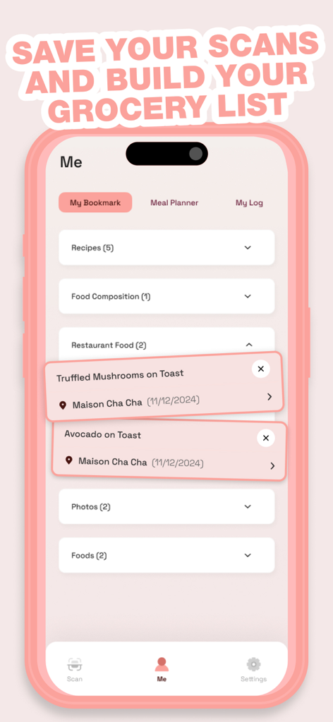 Pregnancy AI Food Companion - Secção de favoritos da aplicação Pregnancy AI exibindo scans guardados e refeições de restaurantes.