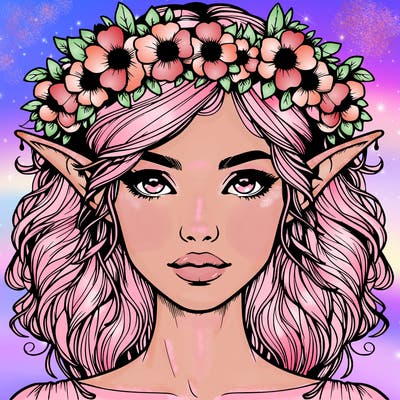 realistic female elf with flower crown