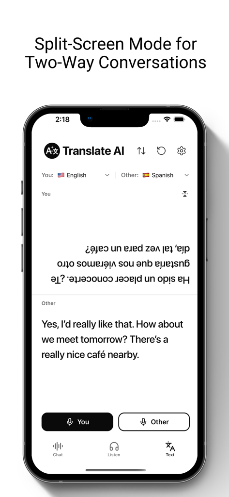 Translate AI: Live Translator - Pantalla de la aplicación Translate AI que muestra el modo de pantalla dividida para traducción de voz bidireccional