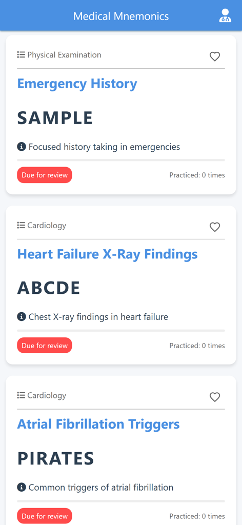 Medical Mnemonics App - Interface of the Medical Mnemonics app displaying a list of study cards for emergency history and cardiology topics including SAMPLE and ABCDE mnemonics.