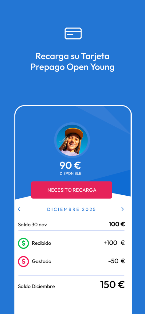 Open Young - Open Young mobile app interface showing account balance and prepaid card recharge options for teens