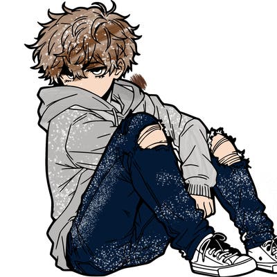 a male hoddie ripped jeans messy hair anime