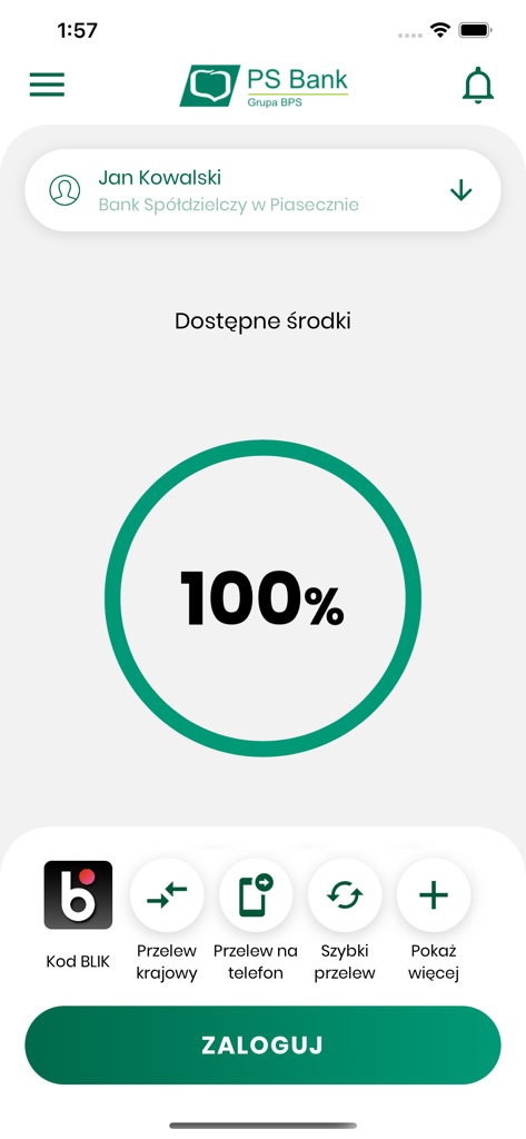 PSBank.pl - PSBankモバイルアプリのダッシュボード。利用可能な資金の割合とポーランド語でのBLIK決済オプションが表示されます。