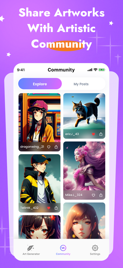 AIヘッドショットアプリ内のコミュニティギャラリー。ユーザーが共有した多様なAI生成アニメアートとアバターが表示されています。