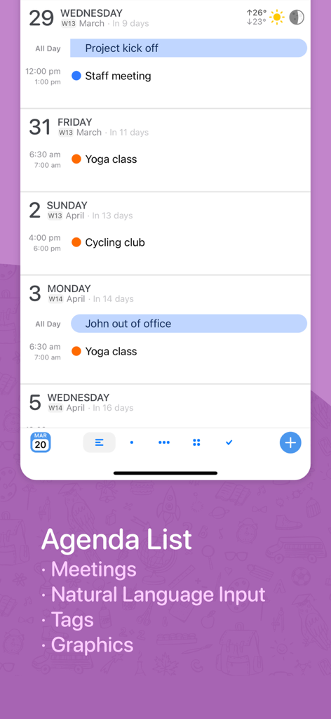 BusyCal: Calendar & Tasks - Captura de pantalla de la aplicación BusyCal que muestra una vista de lista de agenda detallada con varias reuniones y clases programadas