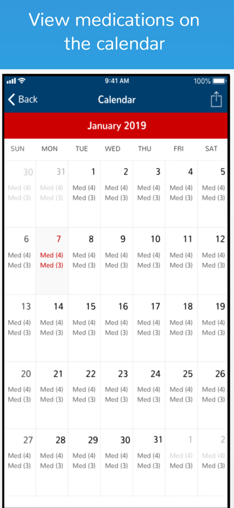 Calendario mensile dei farmaci che mostra le dosi programmate giornalmente
