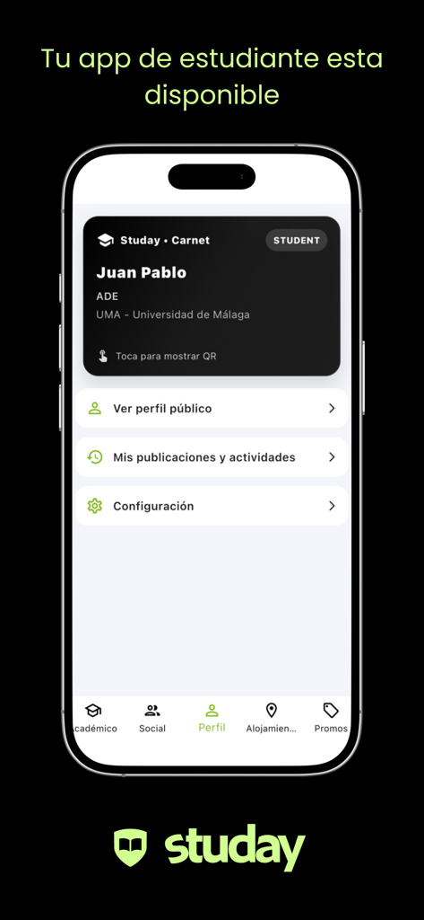 A digital student identification card and profile screen on the Studay app showing user details and university affiliation.