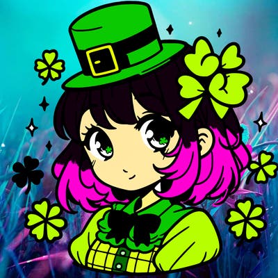 a manga-style girl with clovers around her, a little hat in her hair, like it's saint patrick's day