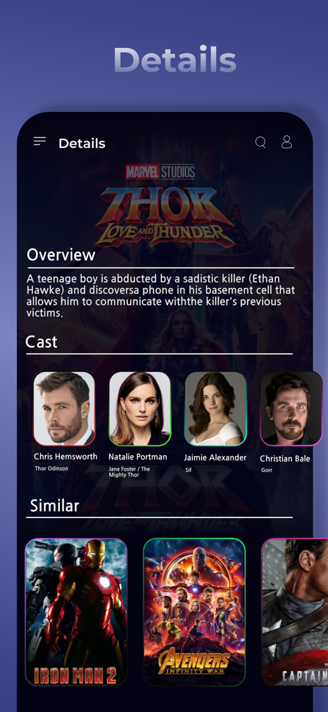 MyFlix app interface showing details for the movie Thor Love and Thunder including overview cast members and similar film suggestions