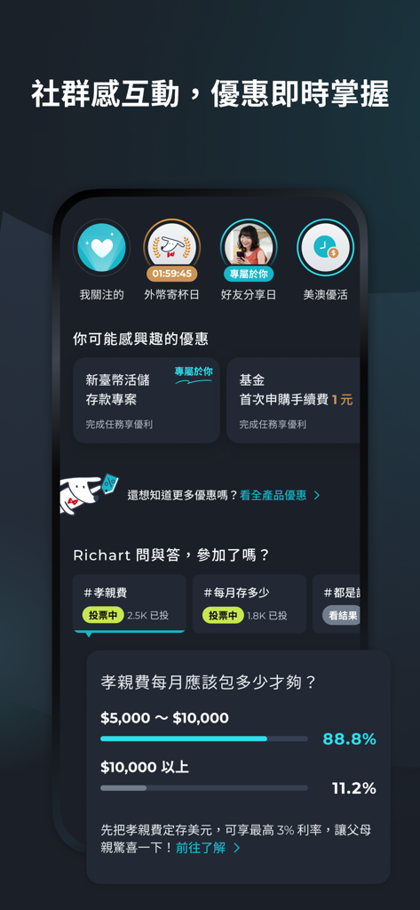 Richart - Capture d'écran de l'application de banque numérique Richart montrant des sondages communautaires et des offres financières promotionnelles avec une interface moderne sombre.