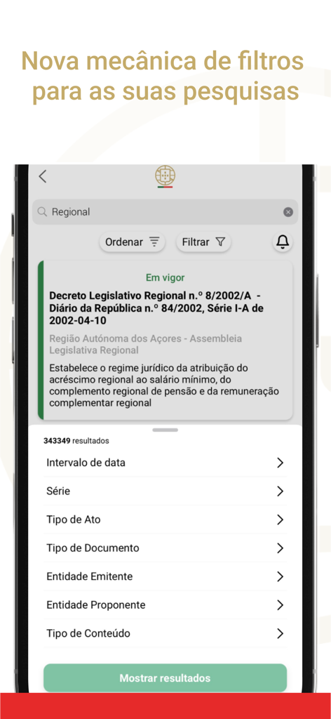 Diário da República - Interface de pesquisa da app Diário da República com opções de filtragem avançada para documentos legais portugueses