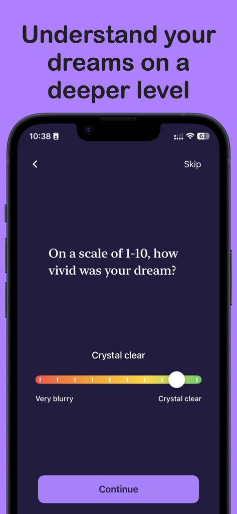 Dream Journal & Interpretation - A screen from the Dream Journal app showing a vividness rating scale from very blurry to crystal clear.