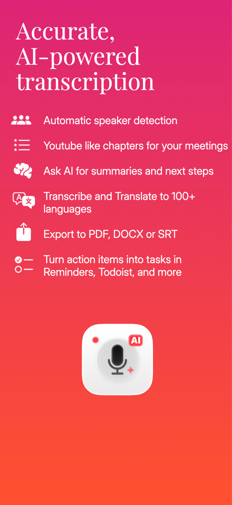 Transcription AI : Voice Notes - List of key features for Transcription AI including speaker detection, smart chapters, and AI summaries.