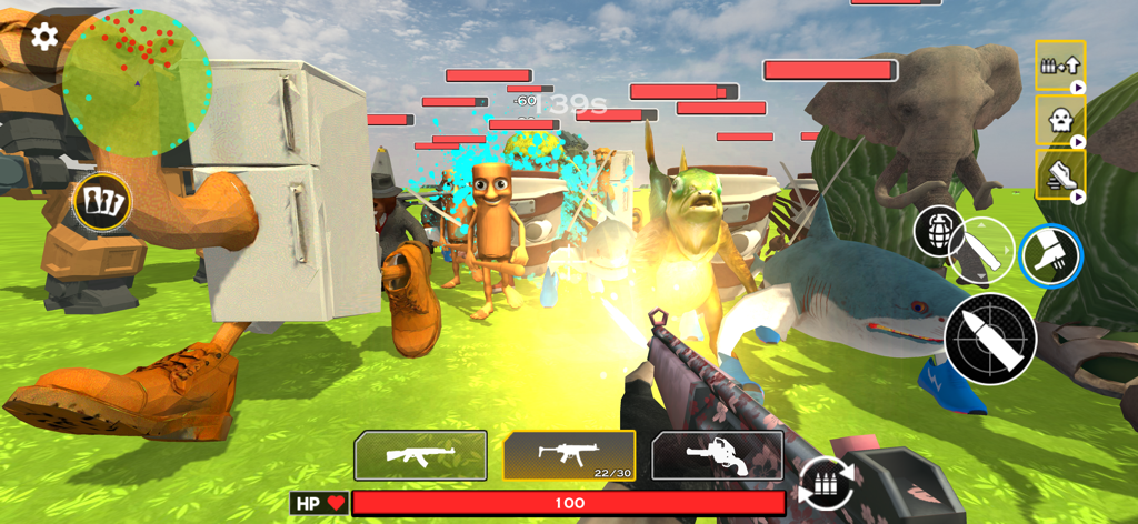 Survival in Brainrot: Shooter - Vista en primera persona de un jugador luchando contra absurdos monstruos de memes en un campo verde