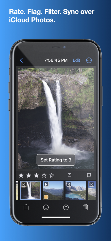 Nitro Photo app interface on iPhone for rating and organizing RAW images