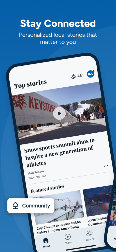 Interface of the 9News Denver app showing personalized local stories and a community news feed.
